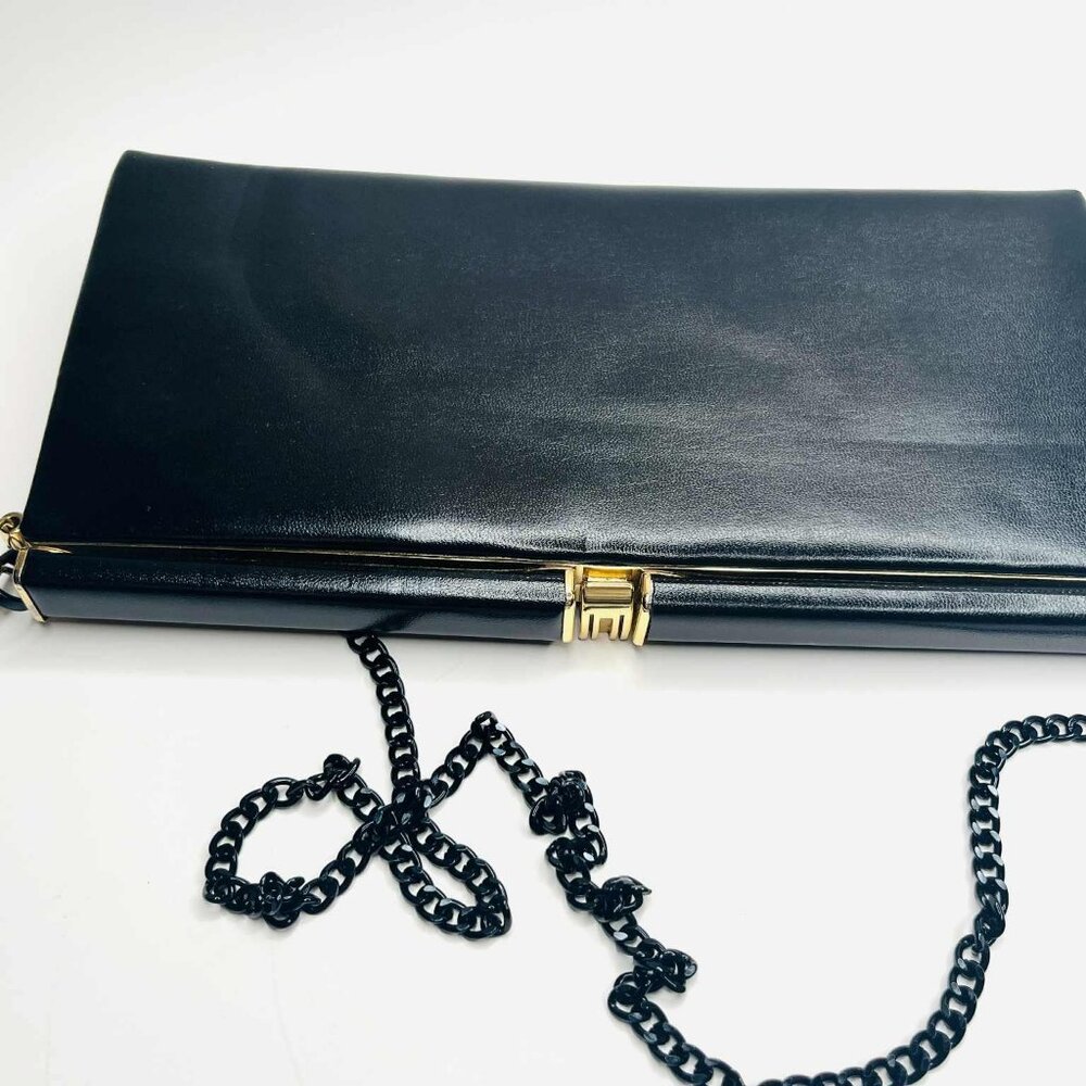 Vintage Black Leather Clutch Chain Bag Classic Evening Style